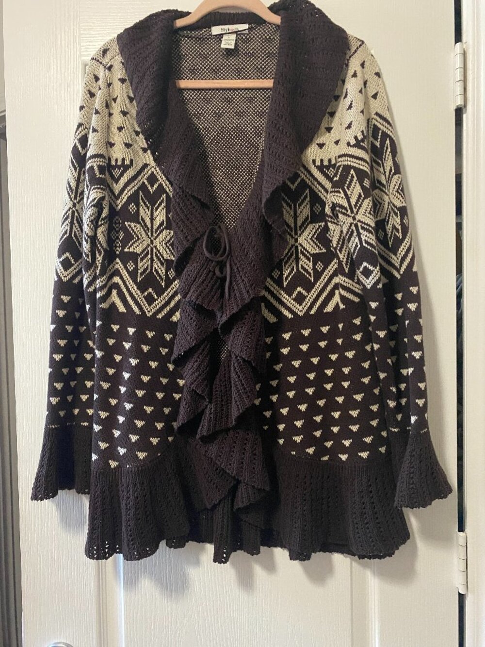 Style & Co Fair Isle Ruffle Bell Sleeve Cardigan Sweater Brown Tie Front Boho L - Picture 2 of 11